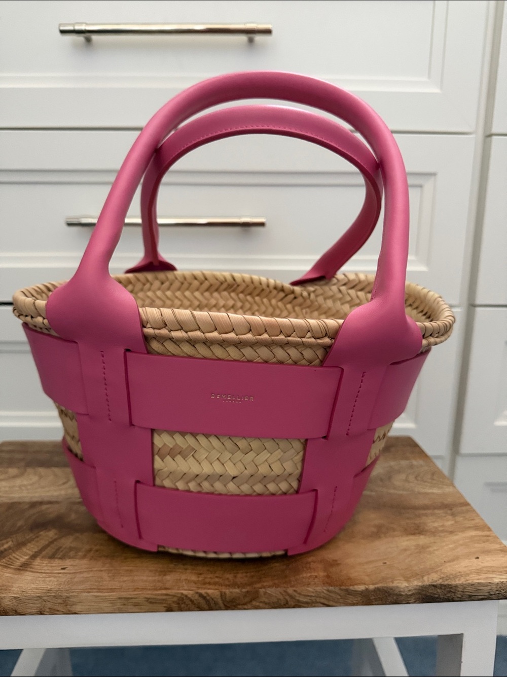 Demellier Pink Leather-Trim Straw Tote Rare and sold out!